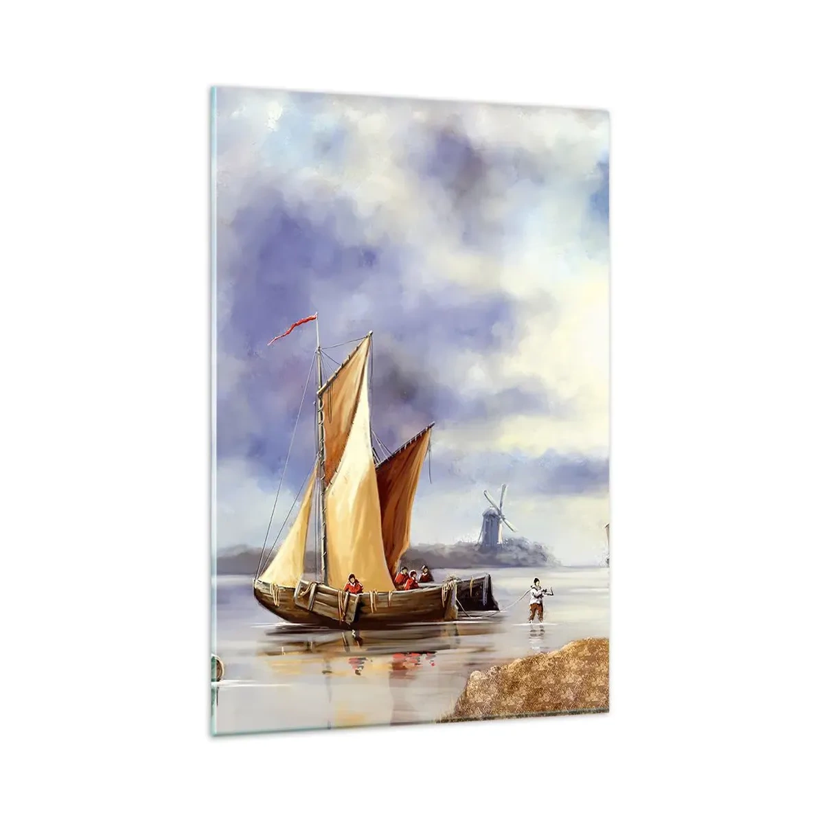 Impression sur verre - Image sur verre - Voiliers sur une eau calme avec des moulins à vent en arrière-plan - 80x120cm - Retour de marin - Décoration murale moderne pour le salon et la chambre ARTTOR