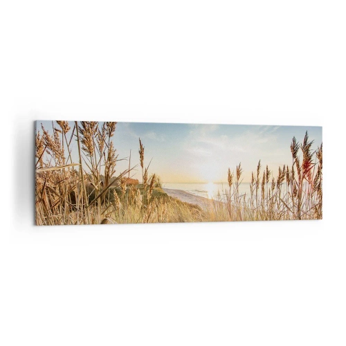 Impression sur toile - Image sur toile - Une plage pittoresque avec de l'herbe et le soleil couchant - 160x50cm - Plage du nord - Décoration murale moderne pour le salon et la chambre ARTTOR