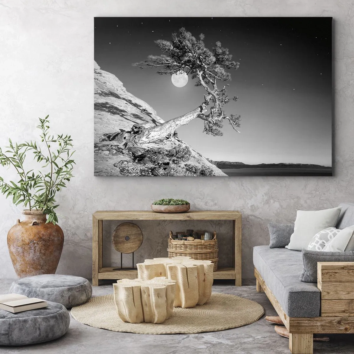 Impression sur toile - Image sur toile - Arbre noir et blanc sur une falaise avec la lune en arrière-plan - 120x80cm - Un combattant vainqueur - Décoration murale moderne pour le salon et la chambre ARTTOR