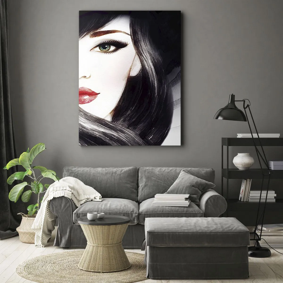 Impression sur toile - Image sur toile - Portrait d'une femme au regard expressif et aux lèvres rouges - 50x70cm - Aspect saphir - Décoration murale moderne pour le salon et la chambre ARTTOR