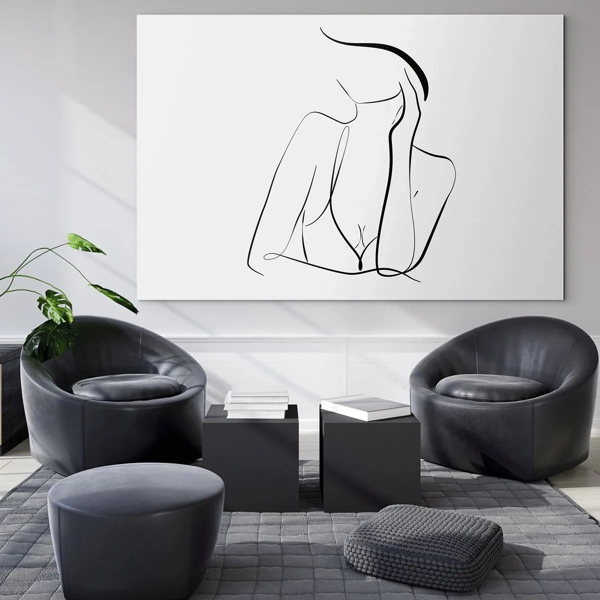 Impression sur verre - Image sur verre - Une ligne simple montrant le contour du corps dans des tons de noir et blanc - 70x50cm - Sur les vague d'un rêve - Décoration murale moderne pour le salon et la chambre ARTTOR
