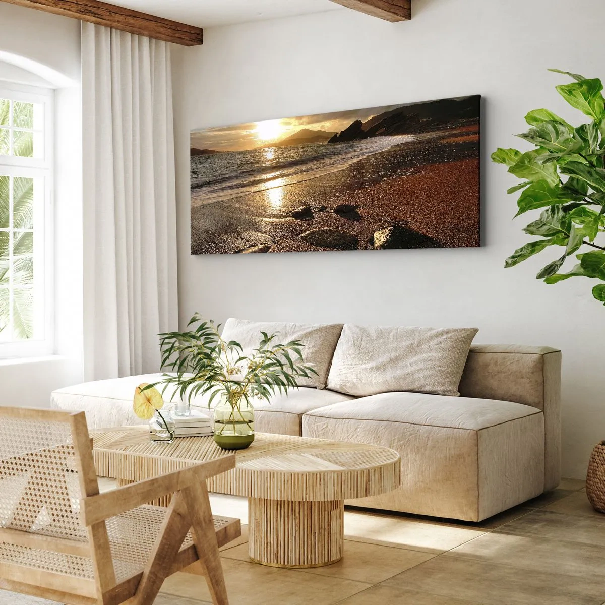 Impression sur toile - Image sur toile - Plage au coucher du soleil avec des pierres sur le rivage - 140x50cm - Suivez le soleil sur les collines - Décoration murale moderne pour le salon et la chambre ARTTOR
