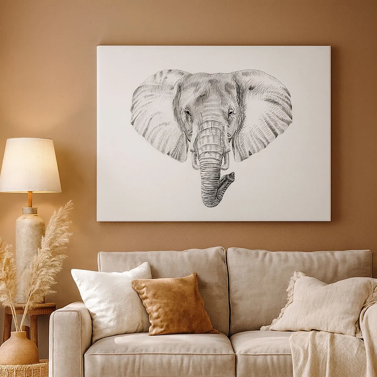 Impression sur toile - Image sur toile - Dessin en noir et blanc d'une tête d'éléphant sur fond blanc - 70x50cm - "Un éléphant ça trompe bien souvent" - Décoration murale moderne pour le salon et la chambre ARTTOR