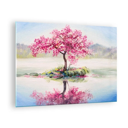 Impression sur verre - Image sur verre - Un arbre rose sur une île se reflétant dans l'eau calme - 70x50cm - Fête du Printemps - Décoration murale moderne pour le salon et la chambre ARTTOR