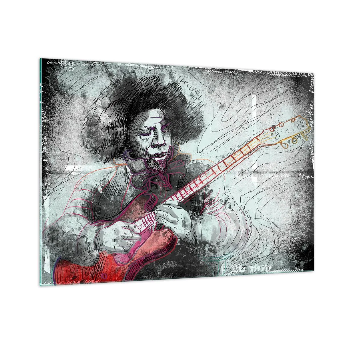 Impression sur verre - Image sur verre - Portrait artistique d'un musicien avec une guitare électrique - 100x70cm - Sur les vagues de la musique - Décoration murale moderne pour le salon et la chambre ARTTOR