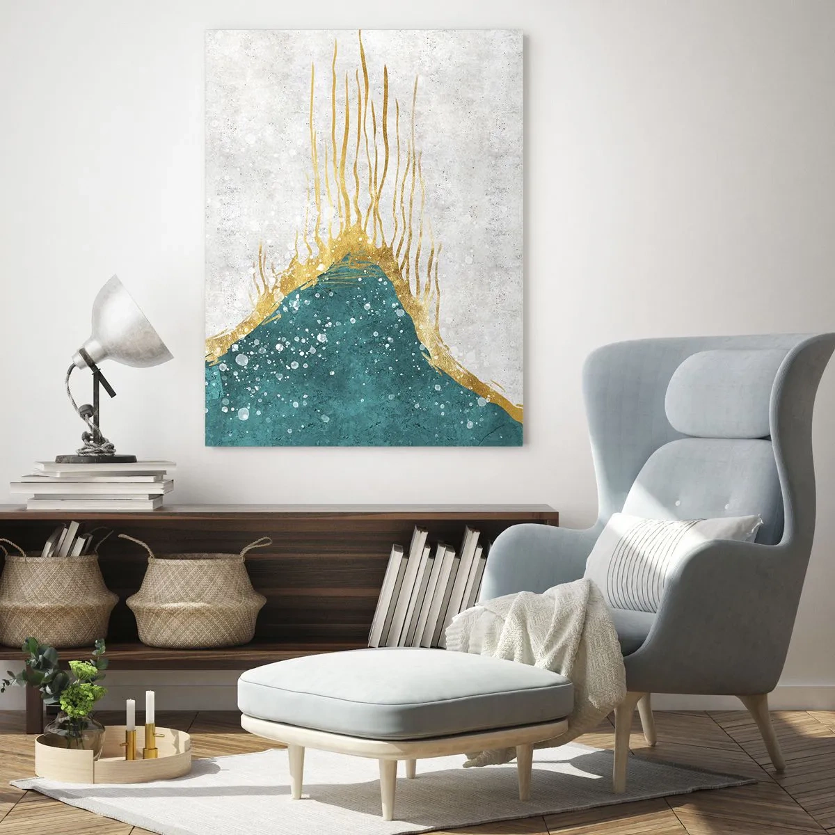 Impression sur verre - Image sur verre - Motif abstrait doré sur fond turquoise et blanc - 50x70cm - Marée dorée - Décoration murale moderne pour le salon et la chambre ARTTOR