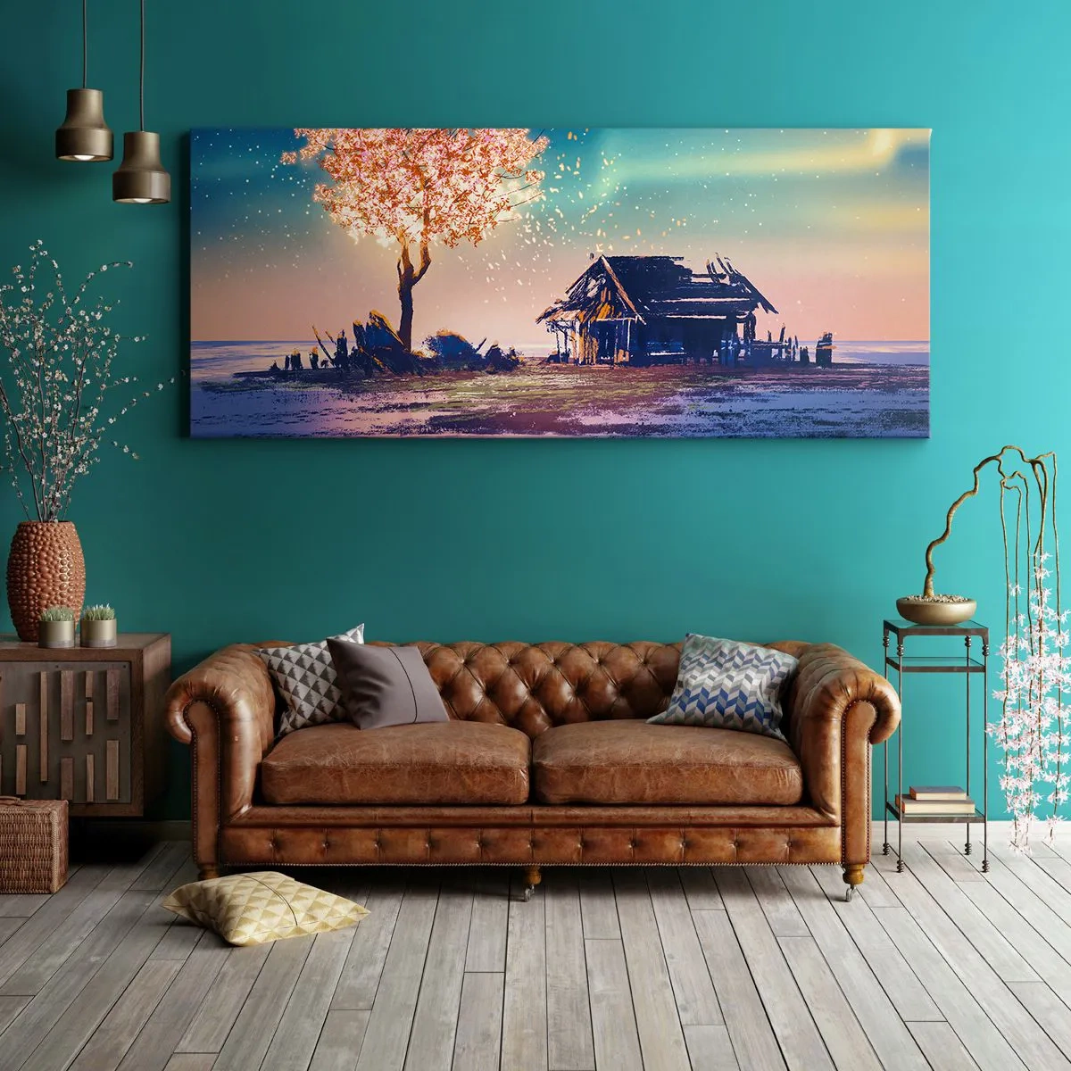 Impression sur toile - Image sur toile - Une maison et un arbre en fleurs sous le ciel nocturne - 160x50cm - La nature ne passe pas - Décoration murale moderne pour le salon et la chambre ARTTOR