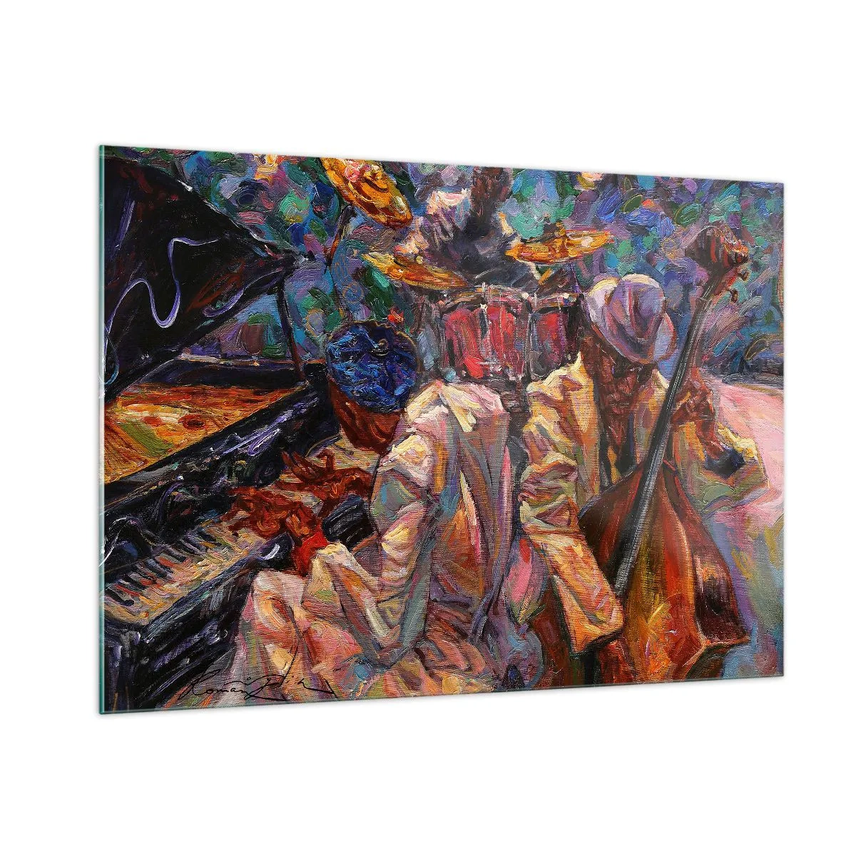 Impression sur verre - Image sur verre - Une scène de jazz colorée avec des musiciens et des instruments - 100x70cm - Dans le même tempo - Décoration murale moderne pour le salon et la chambre ARTTOR