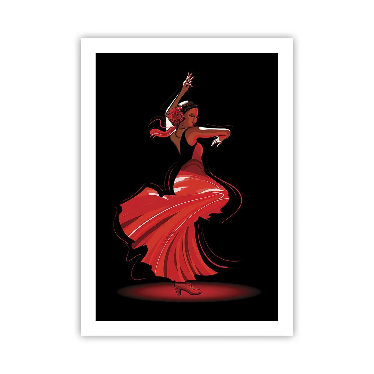 Affiche - Poster - Danseuse de flamenco en robe rouge sur fond noir - 50x70cm - L'esprit fougueux du flamenco - Décoration murale moderne pour le salon et la chambre ARTTOR