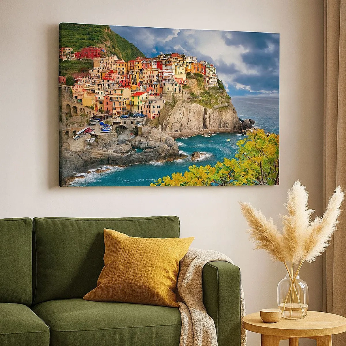 Impression sur toile - Image sur toile - Maisons colorées sur une falaise surplombant la mer aux Cinque Terre - 70x50cm - Un groupe embrassant les rochers - Décoration murale moderne pour le salon et la chambre ARTTOR