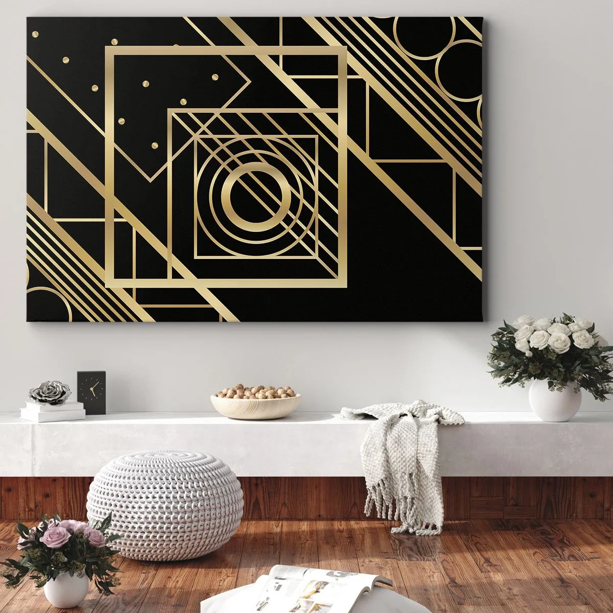 Impression sur toile - Image sur toile - Motifs géométriques dorés sur fond noir - 70x50cm - Géométrie en or - Décoration murale moderne pour le salon et la chambre ARTTOR