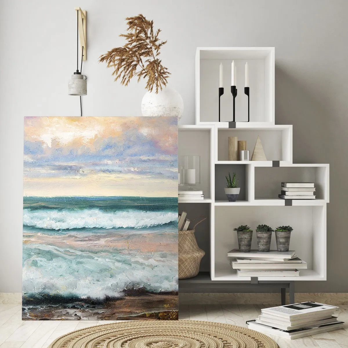 Impression sur verre - Image sur verre - Vagues de la mer contre un ciel nuageux au coucher du soleil - 80x120cm - Ici tu adouciras ton âme - Décoration murale moderne pour le salon et la chambre ARTTOR