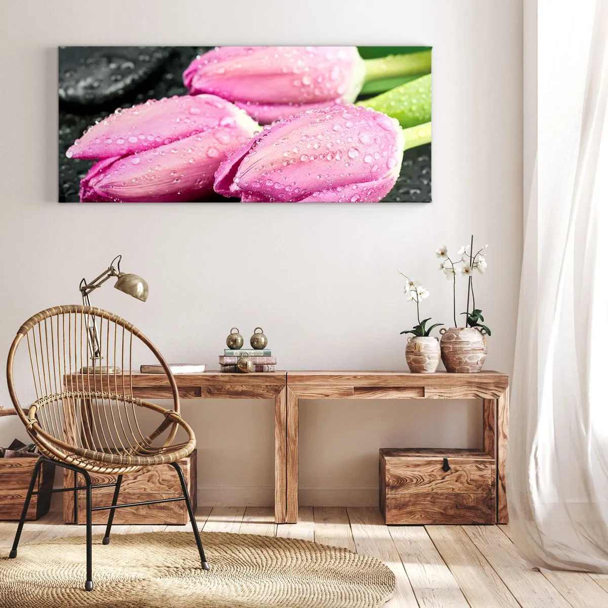 Impression sur toile - Image sur toile - Lilas trois sur une pierre noire - 100x40 cm