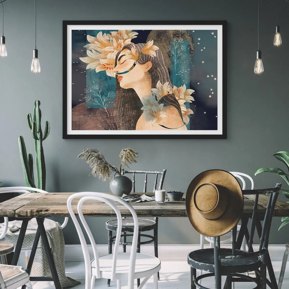 Affiche dans un cadre noir - Poster - Portrait d'une femme avec des fleurs dans un style artistique sur fond sombre - 100x70cm - Conte de fée sur la princesse lilas - Décoration murale moderne pour le salon et la chambre ARTTOR