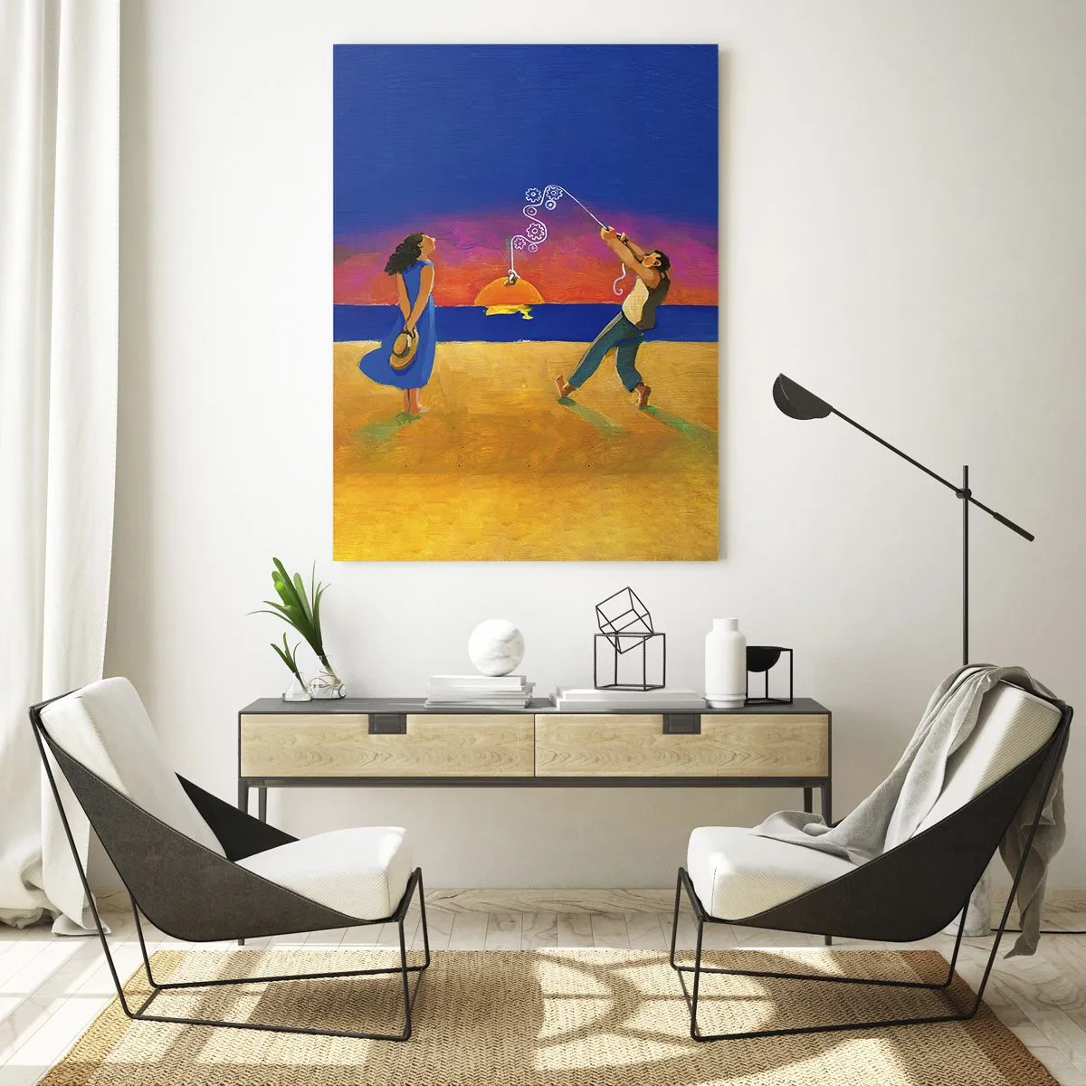 Impression sur verre - Image sur verre - Personnages au bord de la mer au coucher du soleil - 80x120cm - Plus qu'une étoile dans le ciel - Décoration murale moderne pour le salon et la chambre ARTTOR