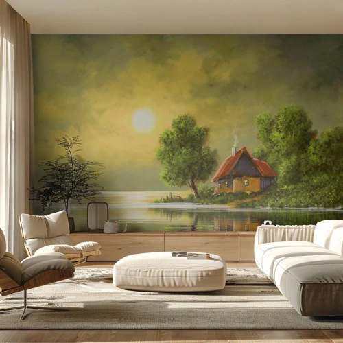 Papier Peint Photo Premium Sand - Chalet au bord du lac au coucher du soleil - 100x70cm - Beau, comme une image - Décoration murale moderne pour le salon et la chambre ARTTOR