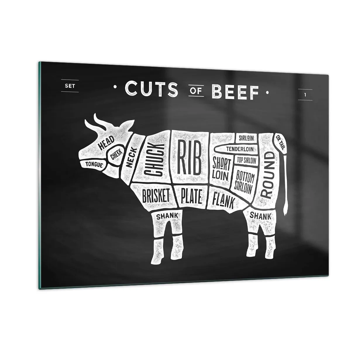 Impression sur verre - Image sur verre - Diagramme de coupe de bœuf sur un tableau noir - 120x80cm - L'art de la découpe - Décoration murale moderne pour le salon et la chambre ARTTOR