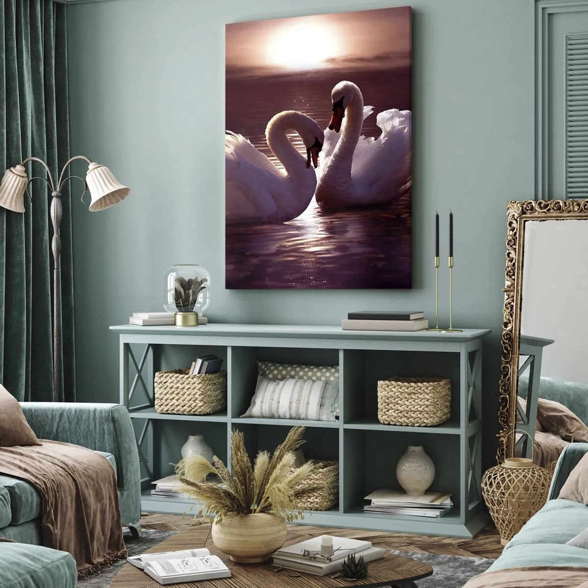 Impression sur toile - Image sur toile - Deux cygnes sur un lac calme au coucher du soleil - 50x70cm - Jusqu'à ce que la mort nous sépare - Décoration murale moderne pour le salon et la chambre ARTTOR