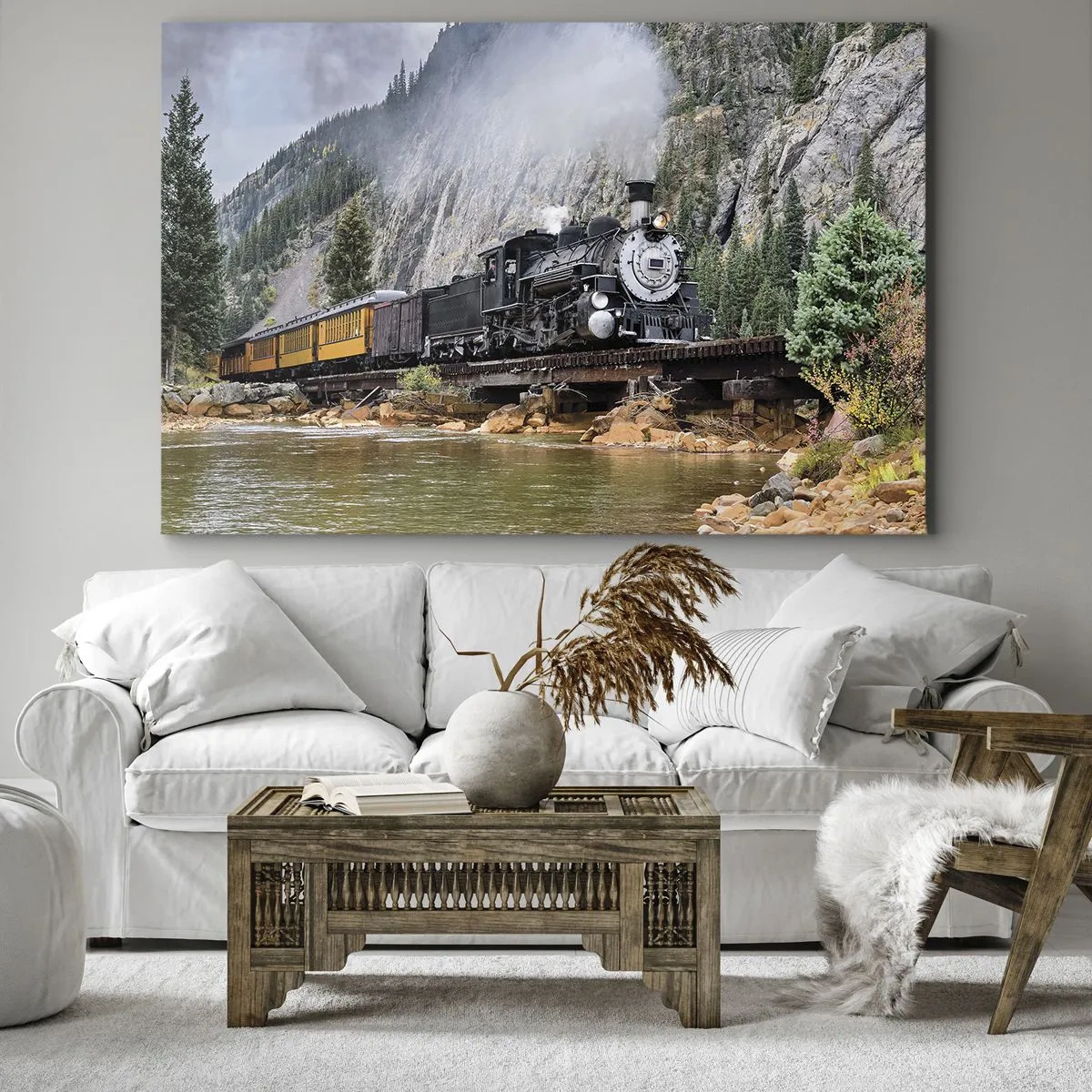 Impression sur toile - Image sur toile - Une locomotive à vapeur sur un pont dans un paysage de montagne pittoresque - 100x70cm - Et lui jusqu'où? Jusqu'où? - Décoration murale moderne pour le salon et la chambre ARTTOR