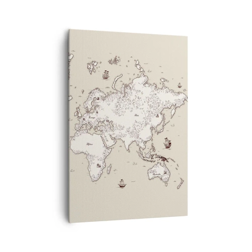 Impression sur toile - Image sur toile - Une carte stylisée du monde dans des tons beige et marron. - 70x100cm - Voyage autour du monde - Décoration murale moderne pour le salon et la chambre ARTTOR