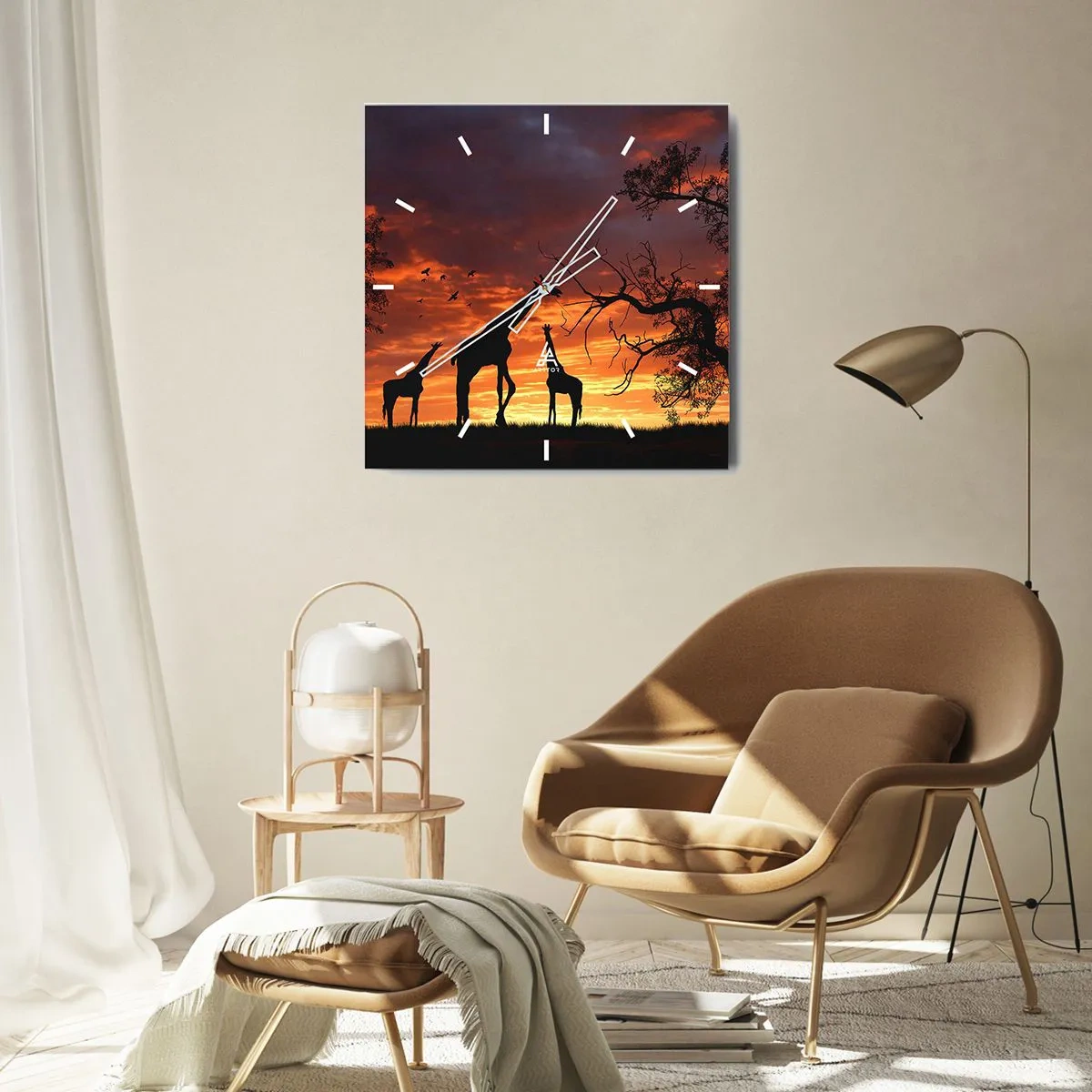 Horloge murale - Pendule murale - Silhouettes de girafes sur fond de coucher de soleil africain - 30x30cm - Un petit dîner avec vos proches - Décoration murale moderne pour le salon et la chambre ARTTOR