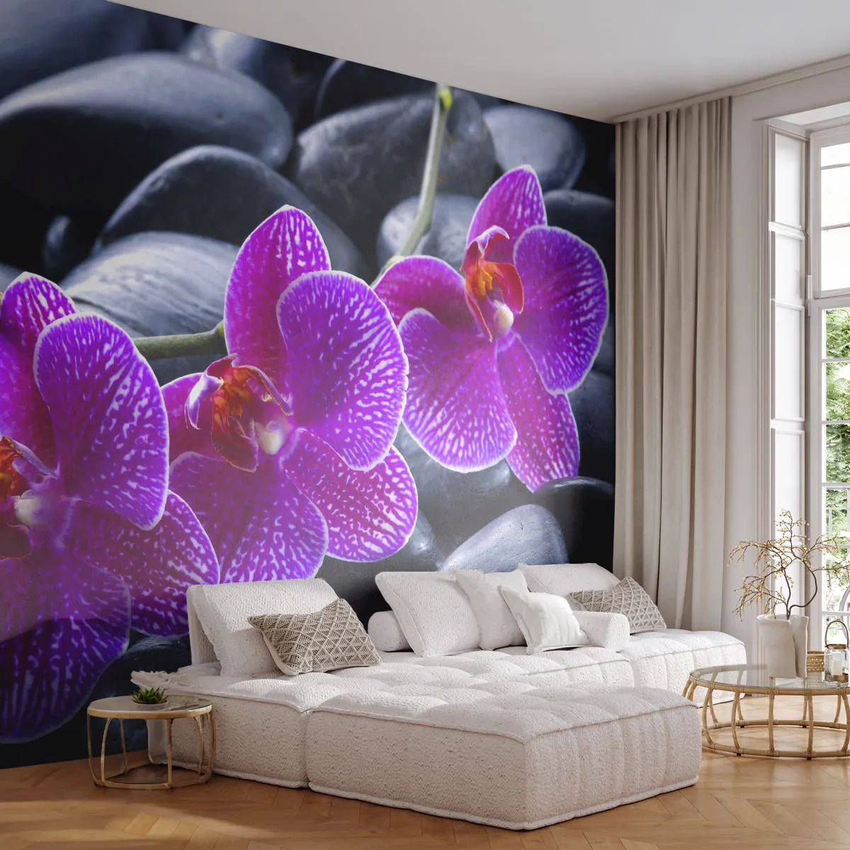 Papier Peint Photo Standard Eco - Les pierres brillaient de joie - Fleurs, Des pierres, Orchidée - 400x280 cm