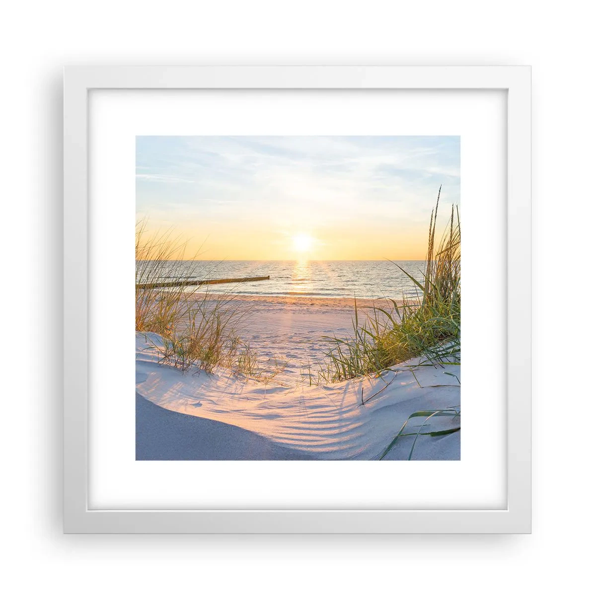Affiche dans un cadre blanc - Poster - Le bruit de la mer, le chant des oiseaux, une plage sauvage parmi les herbes… - 30x30 cm