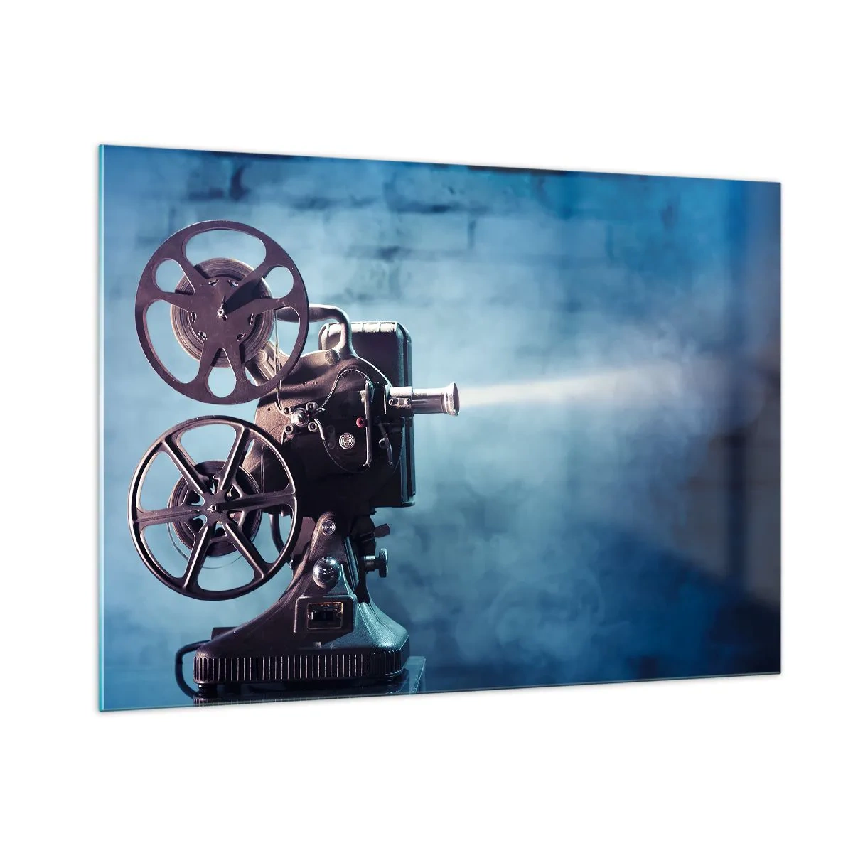 Impression sur verre - Image sur verre - Une caméra de cinéma de style rétro contre un mur bleu - 100x70cm - Dans un vieux cinéma - Décoration murale moderne pour le salon et la chambre ARTTOR