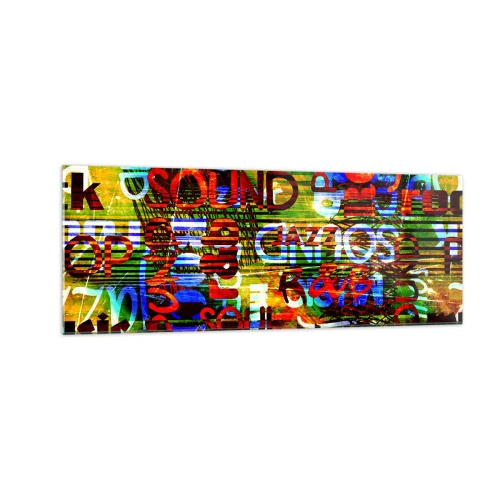 Impression sur verre - Image sur verre - Abstraction colorée avec des inscriptions musicales dans un style pop art - 140x50cm - Toutes les nuances du son - Décoration murale moderne pour le salon et la chambre ARTTOR
