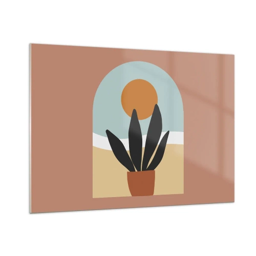 Impression sur verre - Image sur verre - Une scène abstraite avec une plante en pot et le soleil en arrière-plan, dans des couleurs pastel. - 100x70cm - Petits bonheurs - Décoration murale moderne pour le salon et la chambre ARTTOR