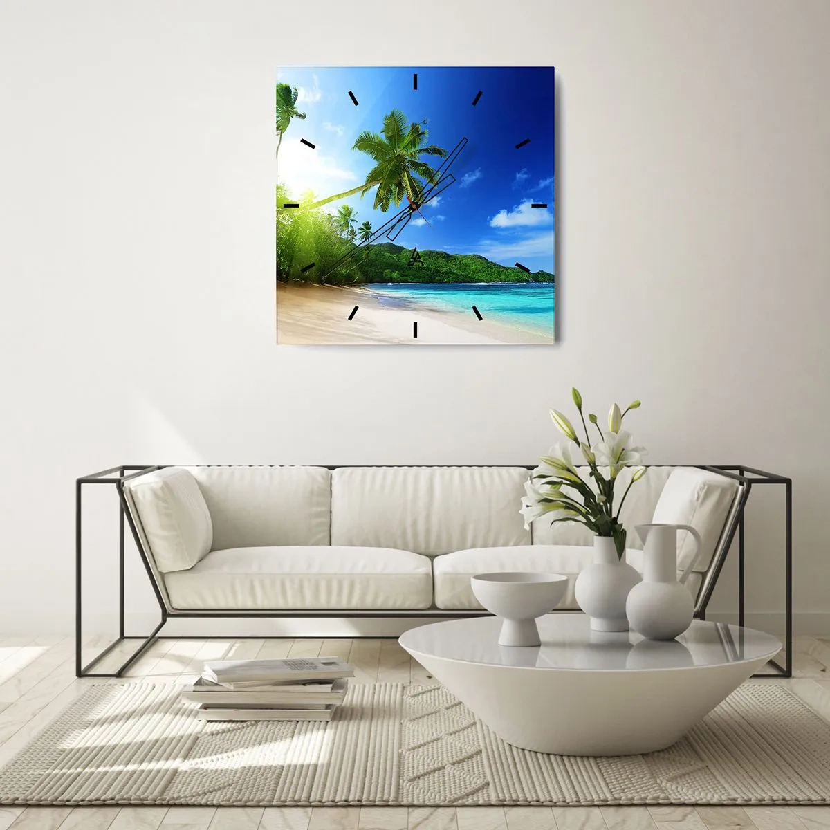 Horloge murale - Pendule murale - Plage tropicale avec palmiers et mer turquoise - 30x30cm - La douceur des tropiques - Décoration murale moderne pour le salon et la chambre ARTTOR