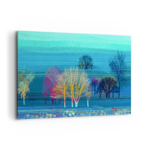 Impression sur toile - Image sur toile - Arbres colorés sur un paysage bleu et minimaliste - 100x70cm - Un paysage soigné - Décoration murale moderne pour le salon et la chambre ARTTOR