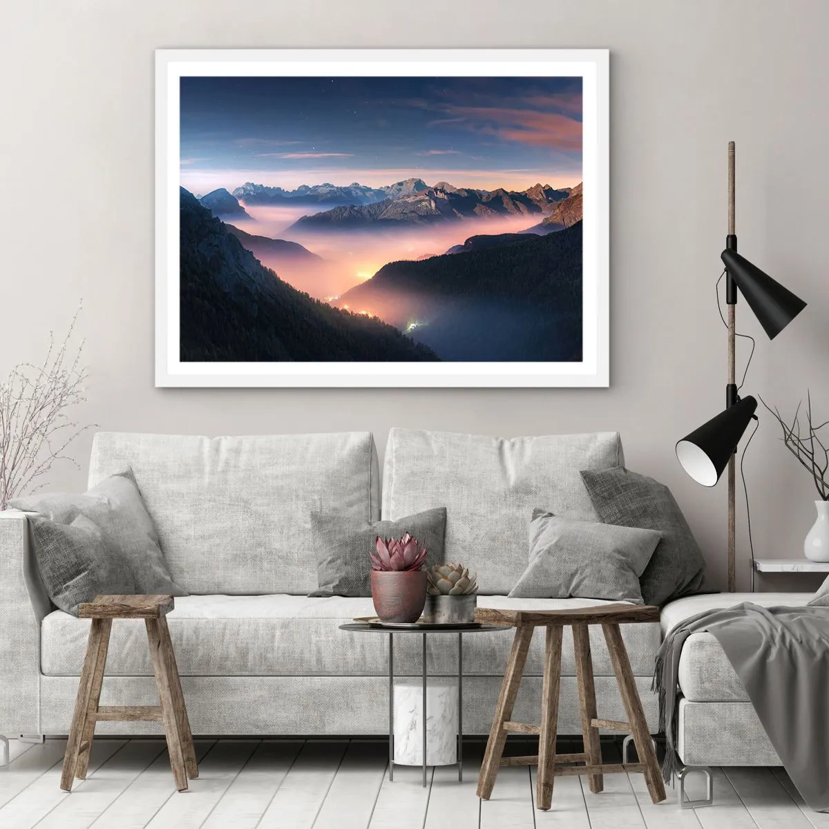 Affiche dans un cadre blanc - Poster - Lumière dans les vallées - 91x61 cm