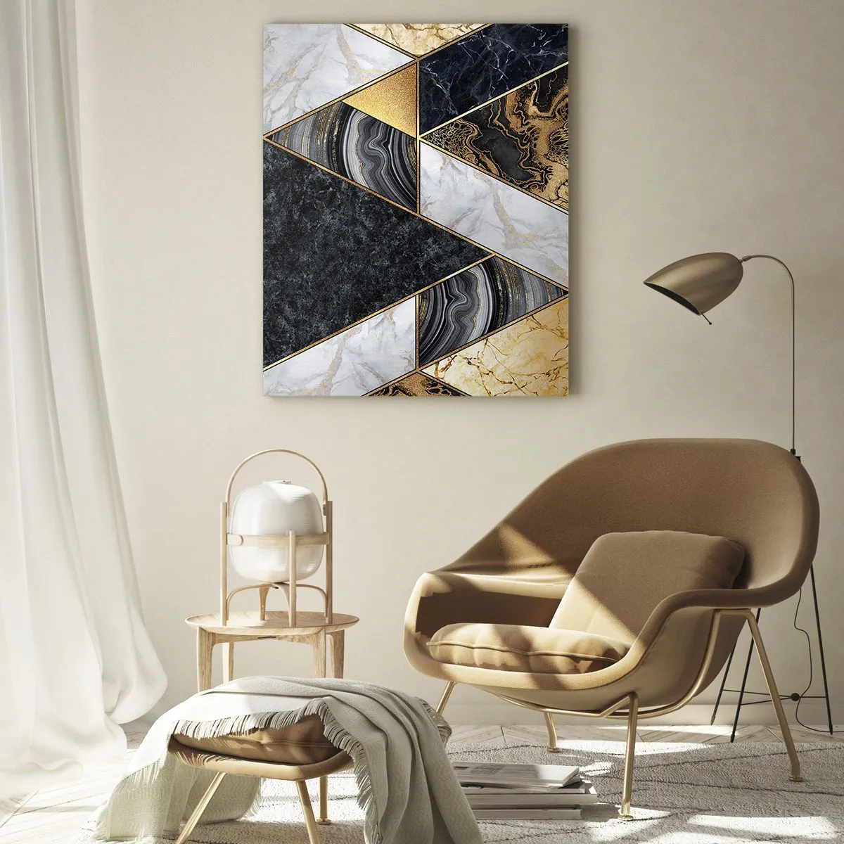 Impression sur verre - Image sur verre - Motif géométrique de marbre et de triangles dorés - 50x70cm - Pierre après pierre - Décoration murale moderne pour le salon et la chambre ARTTOR