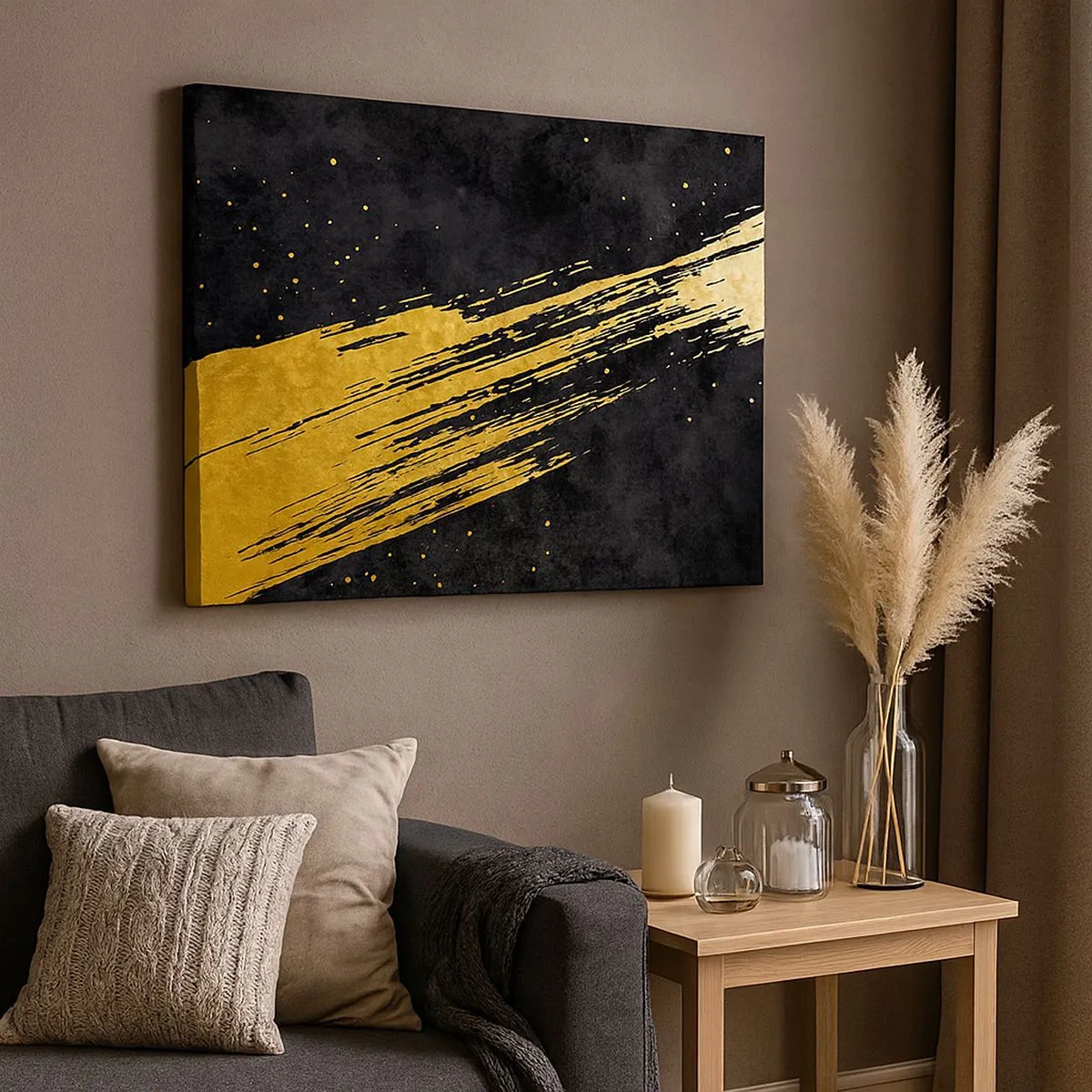 Impression sur toile - Image sur toile - Fond noir avec des coups de pinceau dorés dynamiques - 70x50cm - Sautez dans l'hyperespace - Décoration murale moderne pour le salon et la chambre ARTTOR