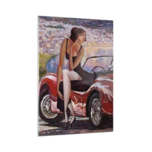 Impression sur verre - Image sur verre - Une femme et un chien près d'une voiture rouge avec un paysage en arrière-plan. - 50x70cm - L'été? Uniquement sur la Côte d'Azur - Décoration murale moderne pour le salon et la chambre ARTTOR