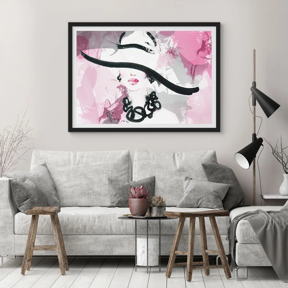 Affiche dans un cadre noir - Poster - Portrait d'une dame en noir et rose - 40x30 cm