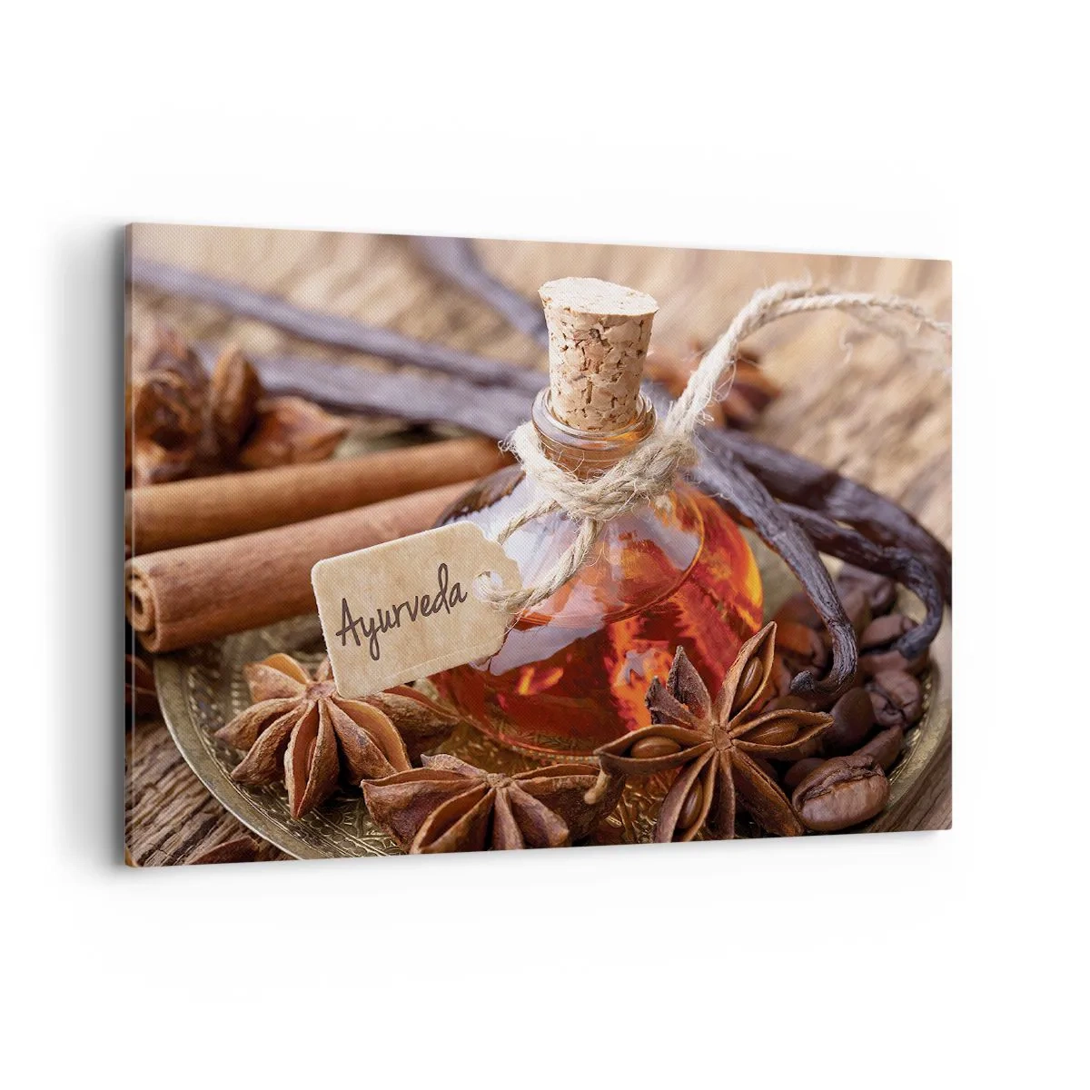 Impression sur toile - Image sur toile - Une bouteille d'huile d'épices sur un plateau - 100x70cm - Vers l'unité du corps et de l'esprit - Décoration murale moderne pour le salon et la chambre ARTTOR