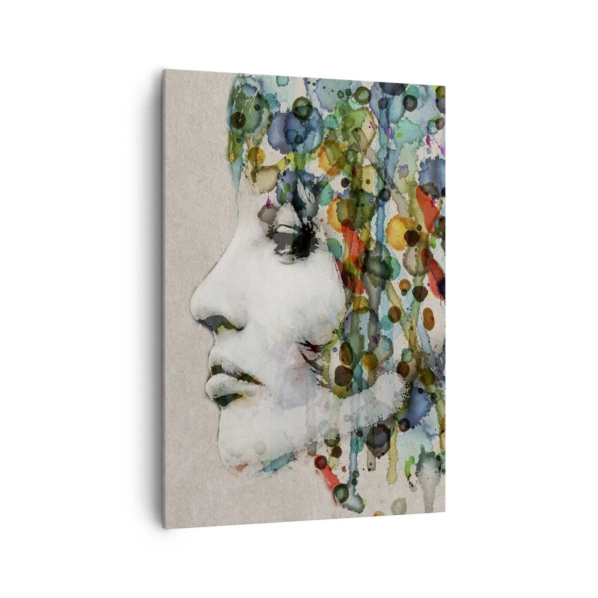 Impression sur toile - Image sur toile - Profil d'une femme aux couleurs aquarelles avec un fond abstrait - 70x100cm - Elle est sortie de la grisaille - Décoration murale moderne pour le salon et la chambre ARTTOR