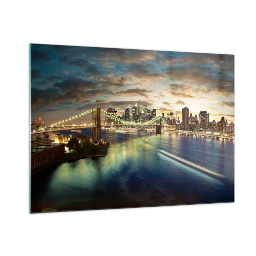 Impression sur verre - Image sur verre - Vue du pont et de la ville au coucher du soleil - 100x70cm - Une soirée lumineuse sur Manhattan - Décoration murale moderne pour le salon et la chambre ARTTOR