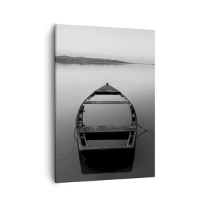 Impression sur toile - Image sur toile - Un bateau solitaire sur un lac calme dans des tons de noir et blanc - 50x70cm - Nostalgie et mélancolie - Décoration murale moderne pour le salon et la chambre ARTTOR