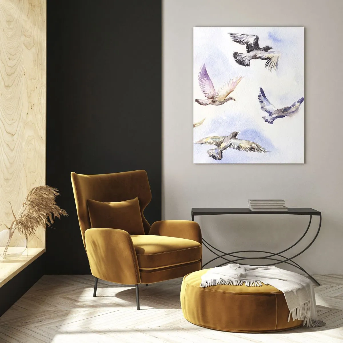 Impression sur verre - Image sur verre - Oiseaux à l'aquarelle en vol sur un ciel délicat - 70x100cm - Liberté en gris et bleu - Décoration murale moderne pour le salon et la chambre ARTTOR