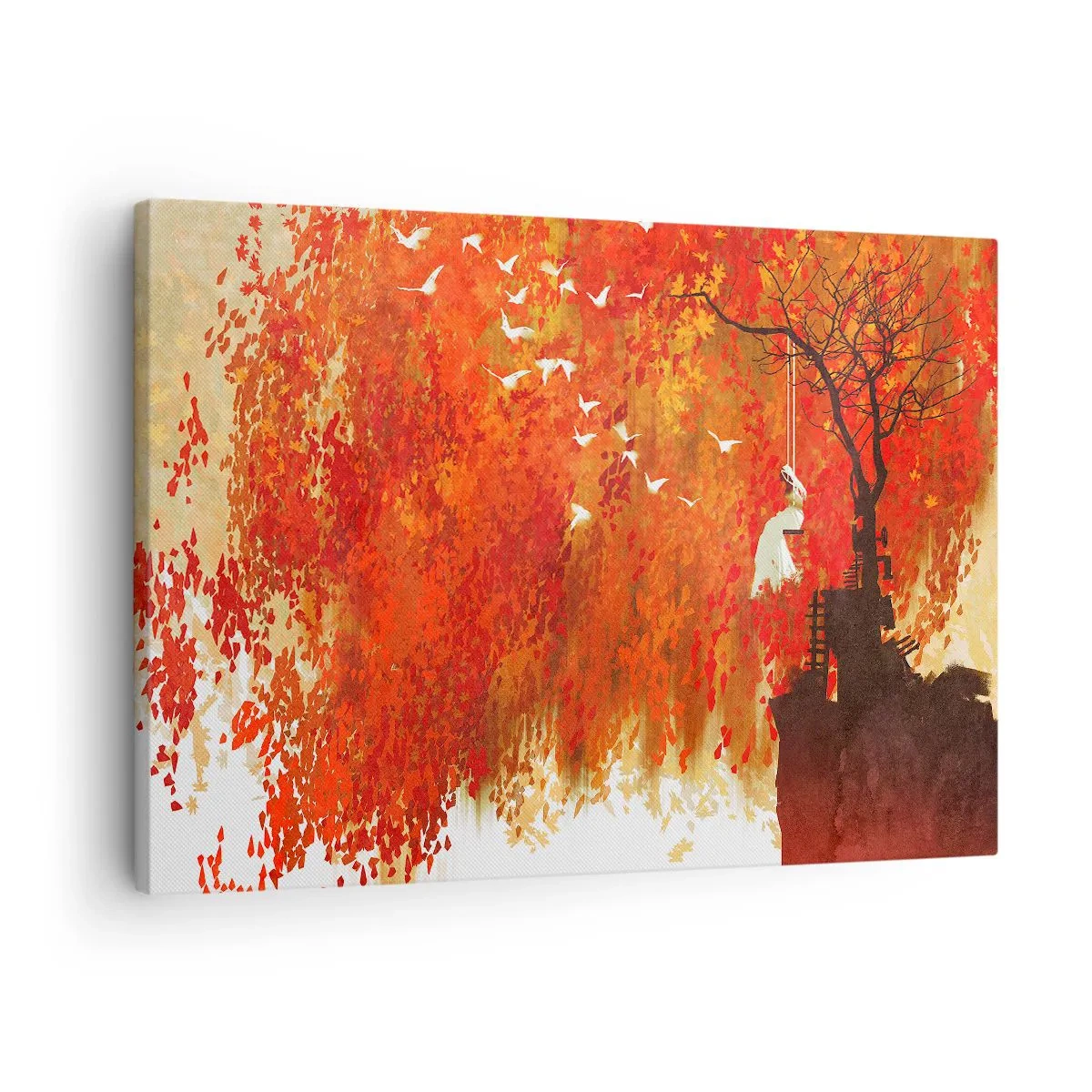 Impression sur toile - Image sur toile - Une silhouette sur une balançoire près d'un arbre entouré de feuilles rouges - 70x50cm - S'envolera-t-il avec eux ? - Décoration murale moderne pour le salon et la chambre ARTTOR