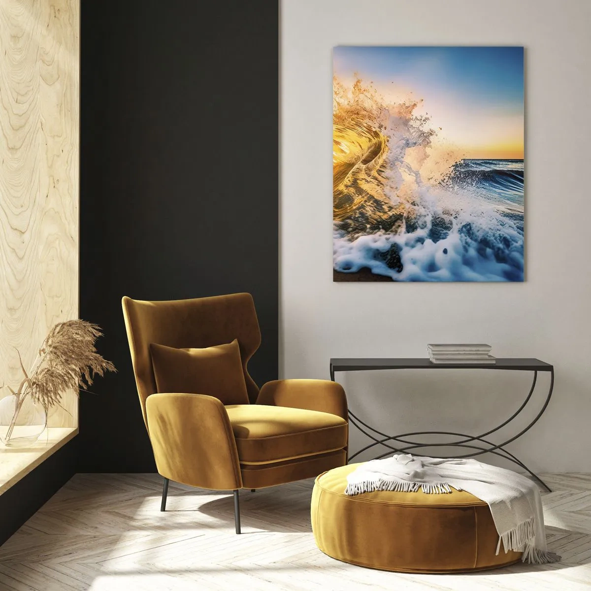 Impression sur verre - Image sur verre - Une vague dorée sur fond de soleil couchant - 70x100cm - S'amuser dans le sable - Décoration murale moderne pour le salon et la chambre ARTTOR