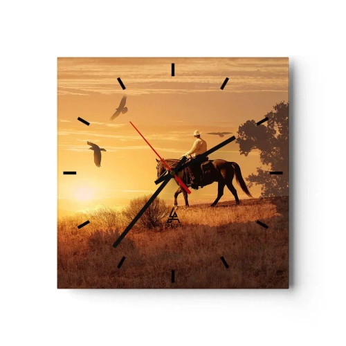 Horloge murale - Pendule murale - Un cavalier sur un cheval au coucher du soleil contre la prairie - 30x30cm - Seul à travers la prairie - Décoration murale moderne pour le salon et la chambre ARTTOR