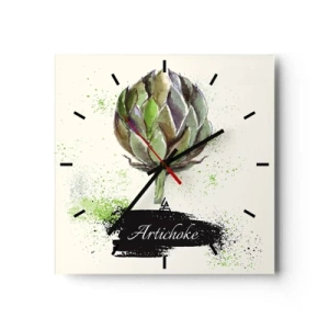 Horloge murale - Pendule murale - Artichaut à l'aquarelle avec texte sur fond clair aux accents verts - 30x30cm - Vive les légumes! - Décoration murale moderne pour le salon et la chambre ARTTOR