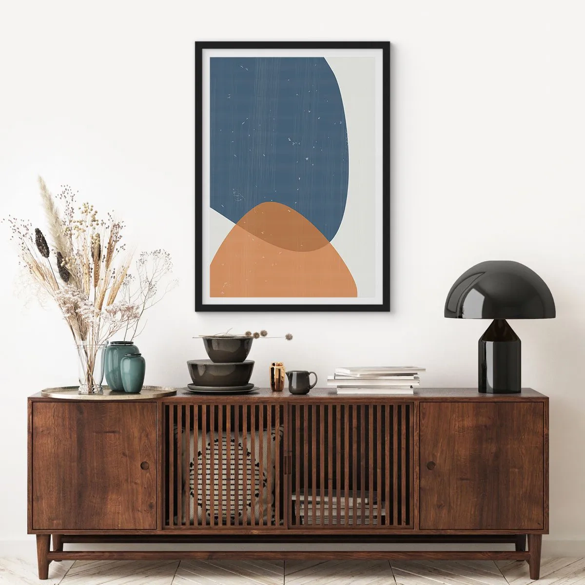Affiche dans un cadre noir - Poster - Géométrie dans les tons de bleu et de beige - 50x70cm - Ovales et influences - Décoration murale moderne pour le salon et la chambre ARTTOR