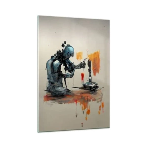 Impression sur verre - Image sur verre - Robot au travail avec un arrière-plan abstrait - 80x120cm - Déjà demain… - Décoration murale moderne pour le salon et la chambre ARTTOR