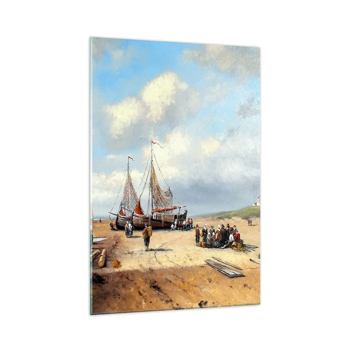 Impression sur verre - Image sur verre - Bateaux de pêche sur la plage avec des figures humaines - 70x100cm - Après une capture réussie - Décoration murale moderne pour le salon et la chambre ARTTOR