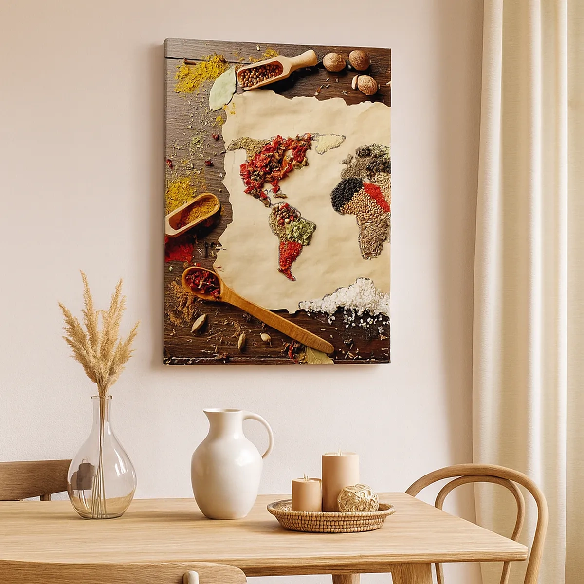 Impression sur toile - Image sur toile - Une carte du monde faite d'épices sur un fond en bois. - 50x70cm - Toutes les saveurs du monde - Décoration murale moderne pour le salon et la chambre ARTTOR